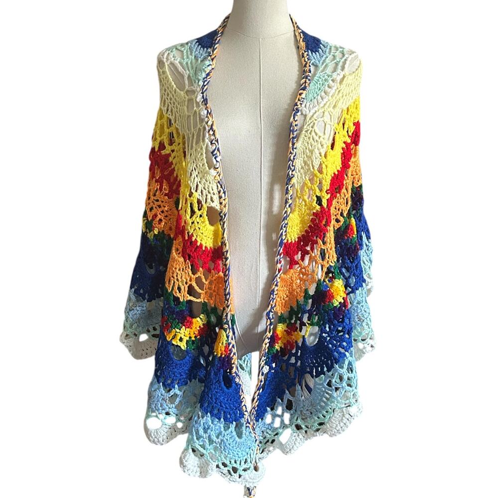 Handmade Crochet Shawl Rainbow Lace Wrap Boho Festival Colorful Open Knit Shawl - Picture 3 of 11